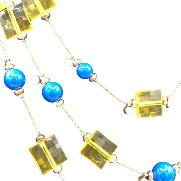Multi Strand Necklace Blue Yellow Beads Rhinestones Statement Extender - Picture 5 of 7